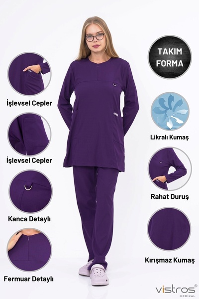 Vistros Medikal Tesettür Lüks Likralı Medikal Üniforma Mor Doktor Ve Hemşire Forması Cerrahi Fermuarlı Takım V-016