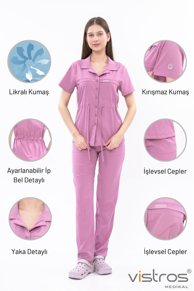Vistros Medikal Ceket Yaka Düğme Kuşak Detaylı Likralı Medikal Forma Doktor H...