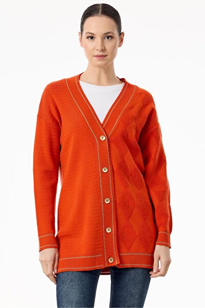 Tığ Triko Baklava Deseni Havlu Örgülü Triko Hırka ORANJ