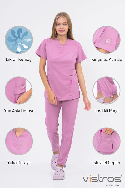 Vistros Medikal Doktor Hemşire Forması Likralı Kumaş Gül Kurusu Medikal Forma Cerrahi Takım (Alt-Üst) V-015