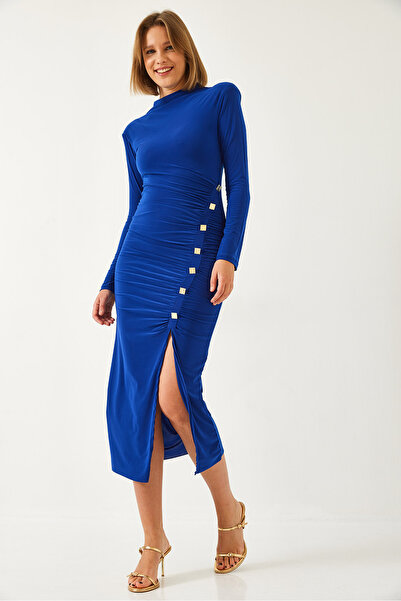 Bianco Lucci Γυναικείο φόρεμα με κουμπιά με λεπτομέρεια μακρύ ύφασμα καραμέλας 4449 60261112