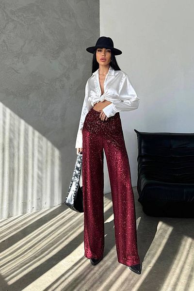 Ortaya Çık Pantaloni cu paiete cu talie elastică bordeaux