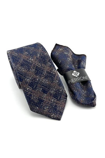 PİERRONİ Navy Blue Brown Patterned Handkerchief Tie