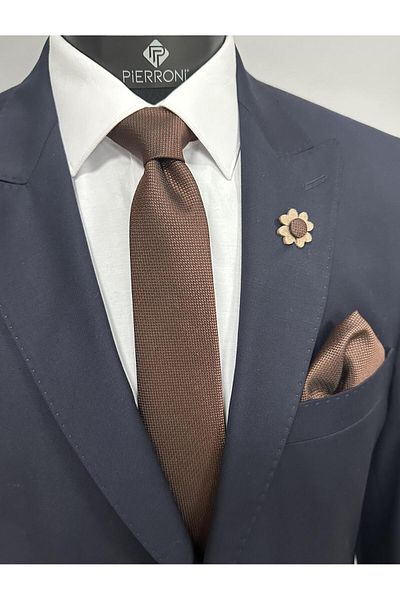 PİERRONİ Coffee Tie Handkerchief Collar Flower Combination Set