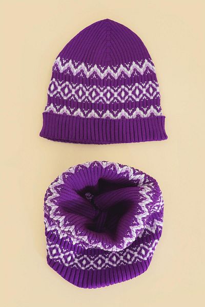 CHUBA Purple Patterned Children's Scarf and Beanie Set - Chkıds102