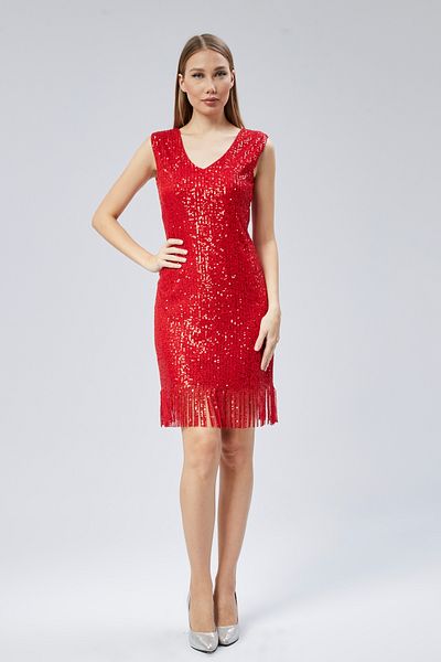 Asees Rochie de seara si rochie de absolvire cu decolteu in V Rochie de seara cu paiete rosii cu franjuri