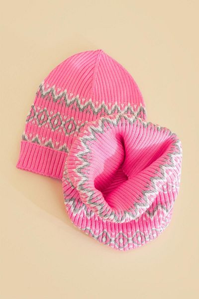 CHUBA Pink Children's Patterned Neck Collar Scarf and Beanie Set - Chkıds102