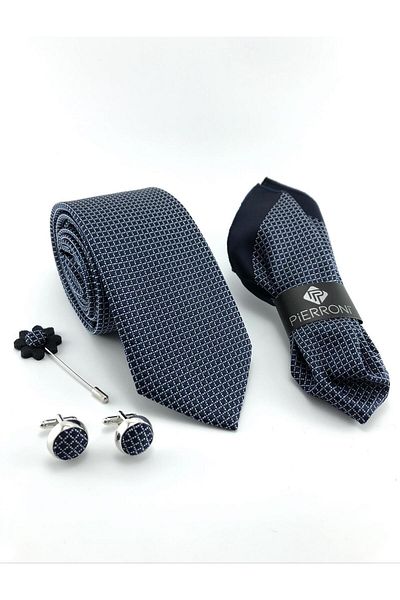 PİERRONİ Navy Blue Tie Set of 4 with Special Wooden Box