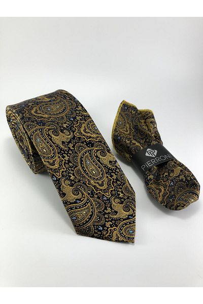 PİERRONİ Gold Mustard Shawl Pattern Handkerchief Tie