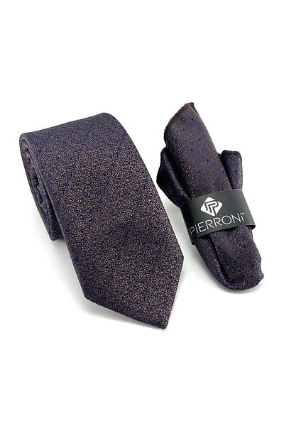 PİERRONİ Brown Navy Blue Dotted Handkerchief Tie