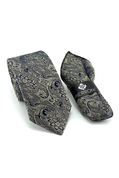 PİERRONİ Beige Navy Blue Patterned Handkerchief Tie
