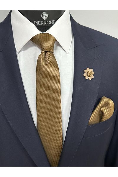 PİERRONİ Gold Tie Handkerchief Collar Flower Combination Set