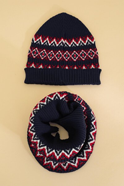 CHUBA Navy Blue Children's Patterned Neck Collar Scarf and Beanie Set - Chkıds102