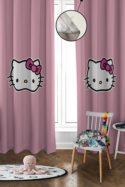 Doruklar Home Collection Digital Printing Washable Hello Kitty Pattern 2 Wings Baby and Children's Room Background Curtain