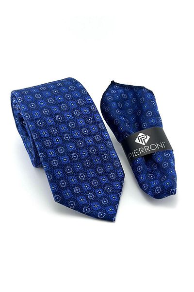 PİERRONİ Saks Blue Patterned Handkerchief Tie