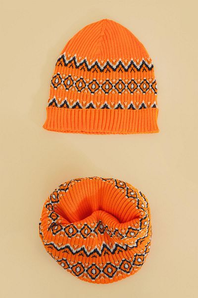 CHUBA Orange Patterned Children's Scarf and Beanie Set - Chkıds102