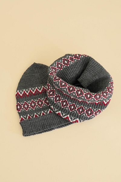 CHUBA Anthracite Children's Patterned Neck Collar Scarf and Beanie Set - Chkıds102