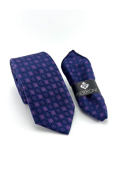 PİERRONİ Navy Blue Fuchsia Patterned Handkerchief Tie