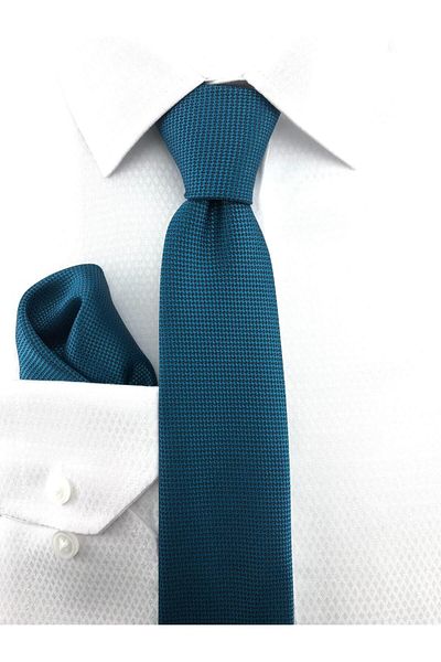 PİERRONİ Petrol Blue Oxford Pattern Handkerchief Tie