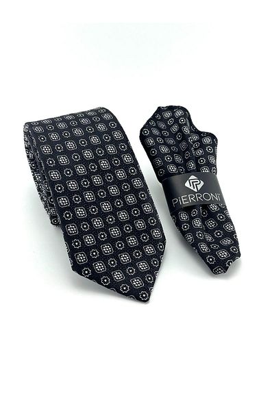 PİERRONİ Black and White Patterned Handkerchief Tie P0396