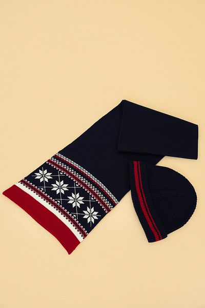 CHUBA 7-12 Years Old Children's Knitwear Beret Set - Navy Blue, Snow Patterned Chkıds104