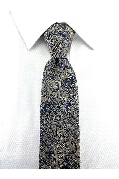 PİERRONİ Beige Navy Blue Patterned Handkerchief Tie