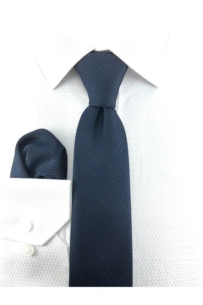 PİERRONİ Self Patterned Navy Blue Handkerchief Tie