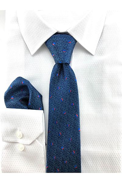 PİERRONİ Light Navy Blue Red Patterned Handkerchief Tie