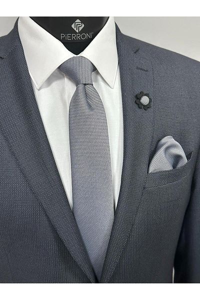 PİERRONİ Gray Tie Handkerchief Collar Flower Combination Set