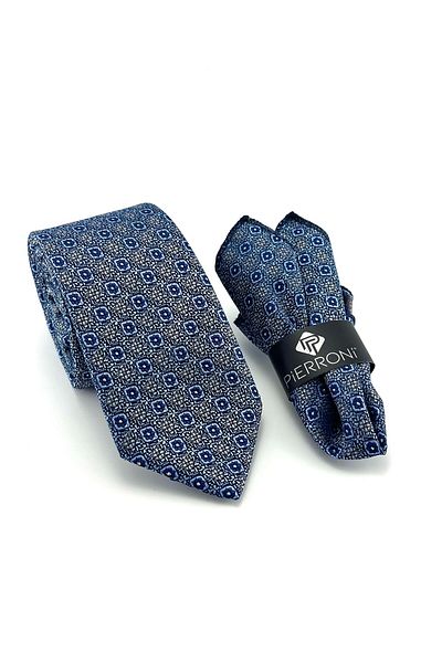 PİERRONİ Blue Navy Blue Patterned Handkerchief Tie