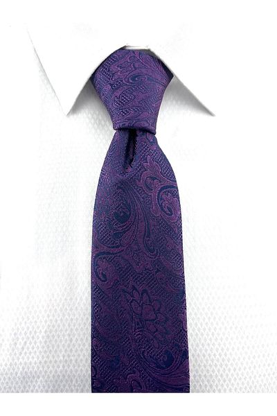 PİERRONİ Plum Navy Blue Patterned Handkerchief Tie
