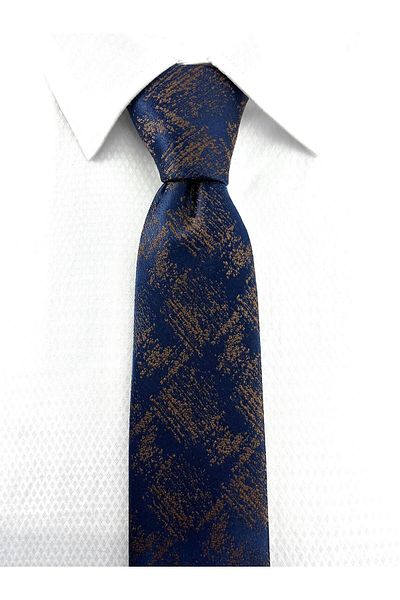 PİERRONİ Navy Blue Brown Patterned Handkerchief Tie P0384