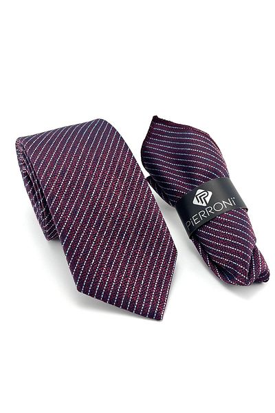 PİERRONİ Burgundy Blue Striped Handkerchief Tie