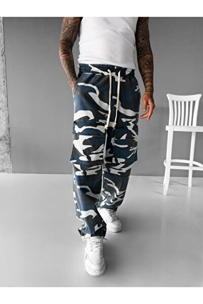 ablukaonline Erkek Baggy Fit Kamuflaj Kargo Pantolon Mavi