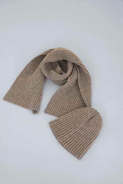 CHUBA Children's Soft Button Ribbed Scarf Beanie Set 3-6 Years Light Brown Chkıds101