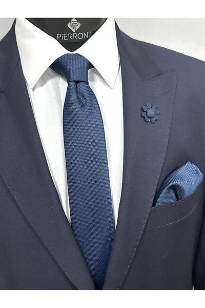 PİERRONİ Navy Blue Tie Handkerchief Collar Flower Combination Set