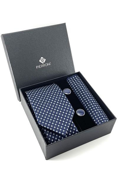 PİERRONİ Navy Blue Tie Handkerchief Cufflinks Custom Set