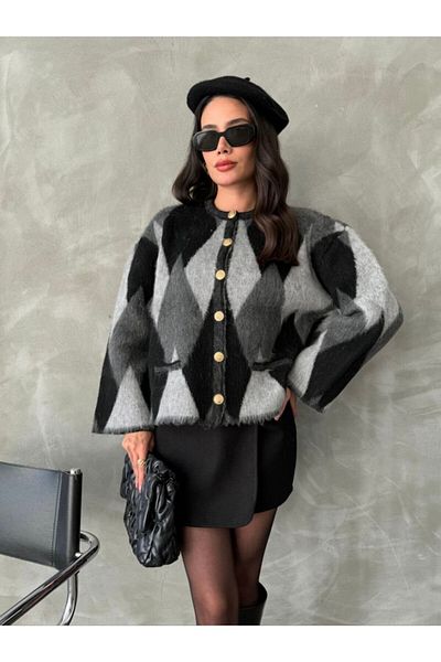 128ve980 Women's Baklava Pattern Gold Button Wool Cardigan