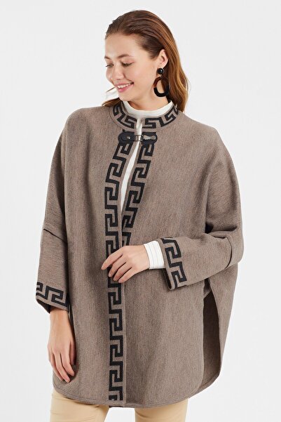 Uludağ Triko Mink Geometric Patterned Seasonal Women's Poncho