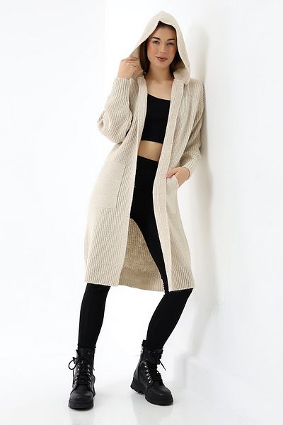 Devinka Cardigan de damă, bej, cu glugă, cu glugă, cu buzunare lungi