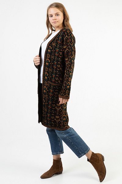 Uludağ Triko Cardigan lung covor cu model de flori - cu buzunare