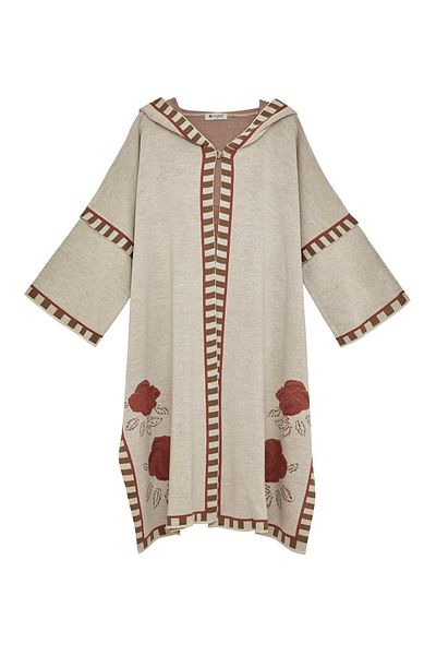 Uludağ Triko Women's Stone Stripe Tape Rose Pattern Hooded Poncho