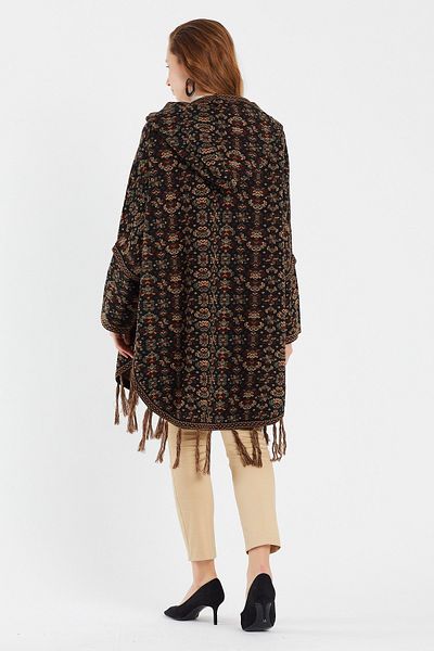 Uludağ Triko Silver Floral Patterned Kilim Poncho