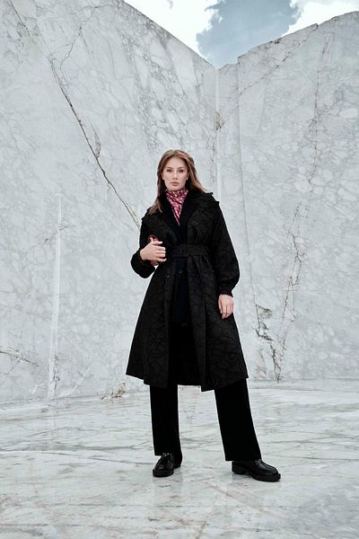 Zühre Black Cap - Embossed Pattern, Belt and Sleeve Detail 13605