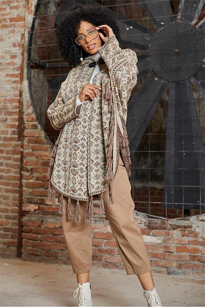 Uludağ Triko Stone Flower Patterned Kilim Poncho