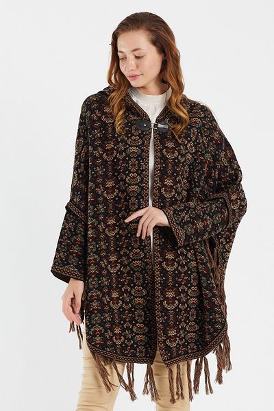 Uludağ Triko Silver Floral Patterned Kilim Poncho