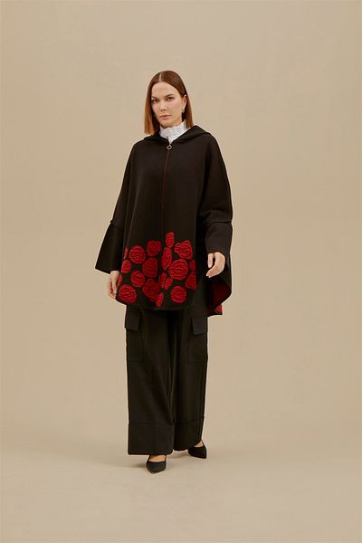 Uludağ Triko Women's Rose Patterned Embossed Poncho
