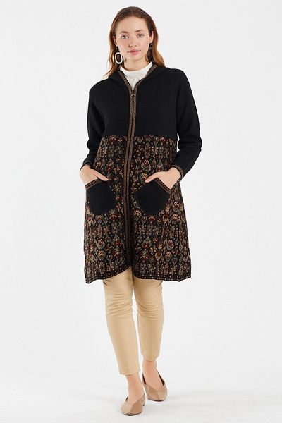 Uludağ Triko Cardigan Kilim cu glugă cu buzunar argintiu pentru femei