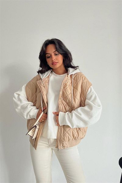 msendam Women's Quilted Hooded Zippered Oversize Puffer Vest Beige