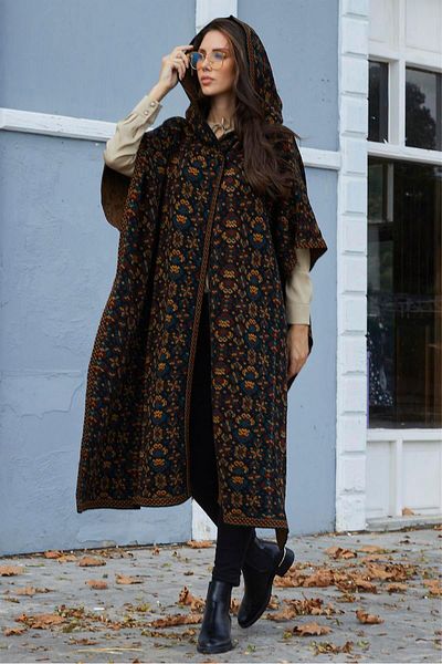 Uludağ Triko Women's Main Floral Patterned Hooded Poncho
